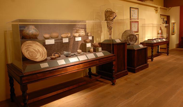 Installation view of Native California objects in California History exhibit.