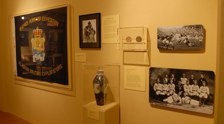 Installation view of objects from historic Santa Clara College.