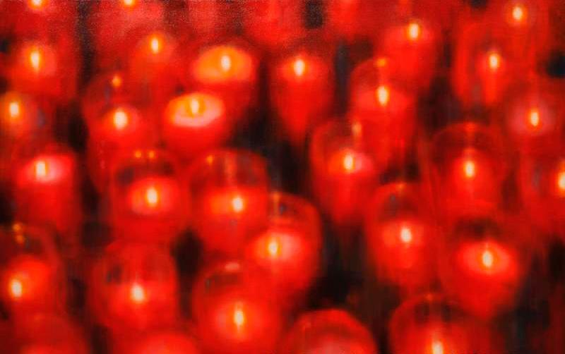 Painted image of red religious votive candles.