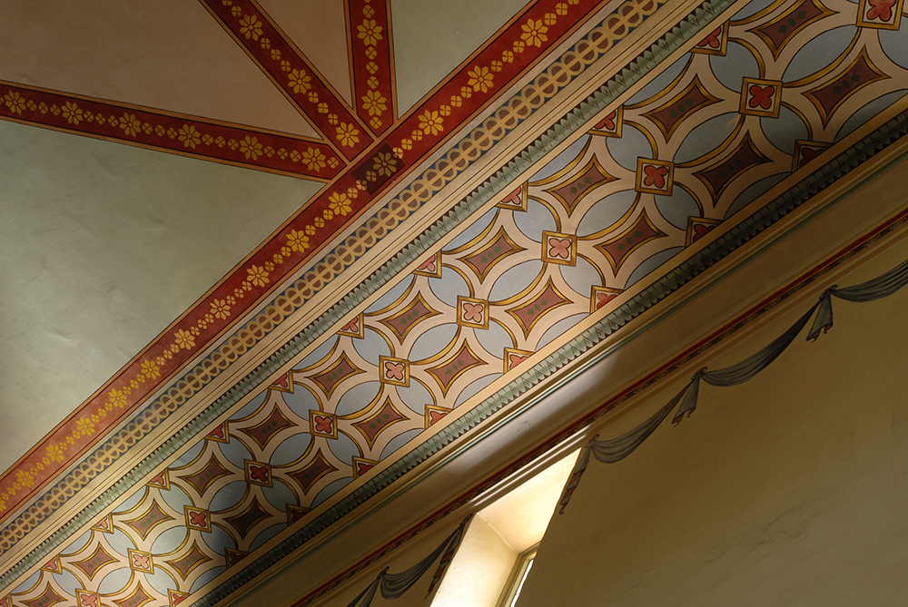 View of geometric patterns on the ceiling of Mission Santa Clara.