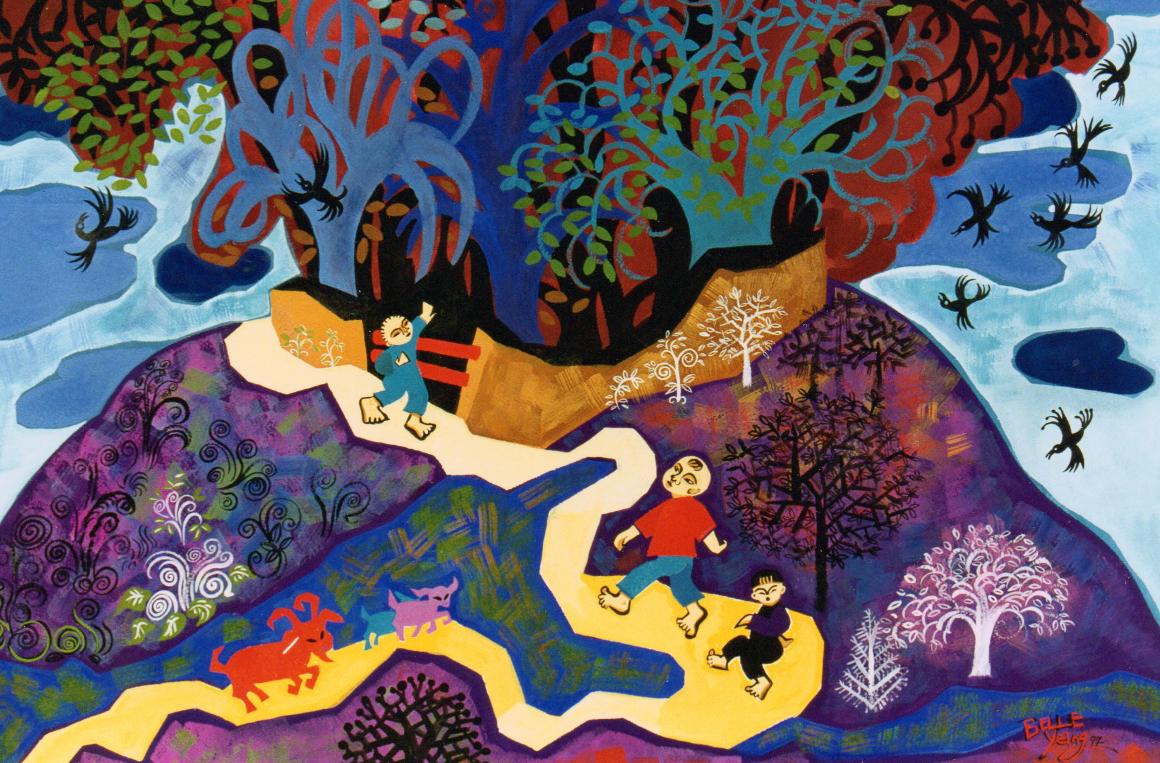Colorful illustration of three people walking up a mountain path.