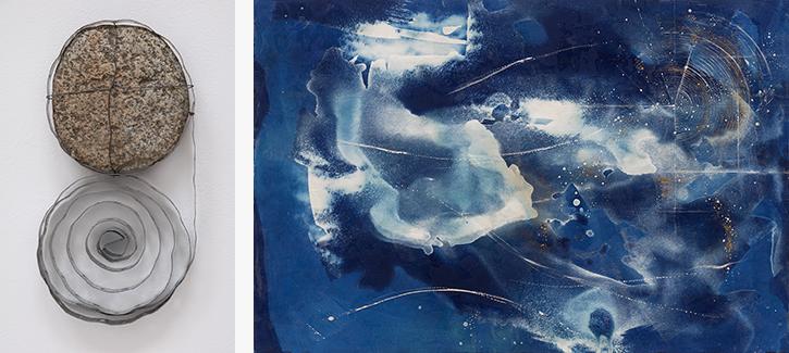 Left: Stone and metal wall sculpture by Mari Andrews. Right: Blue and white celestial image.