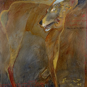 Painting of a coyote by Native California artist Rick Bartow.