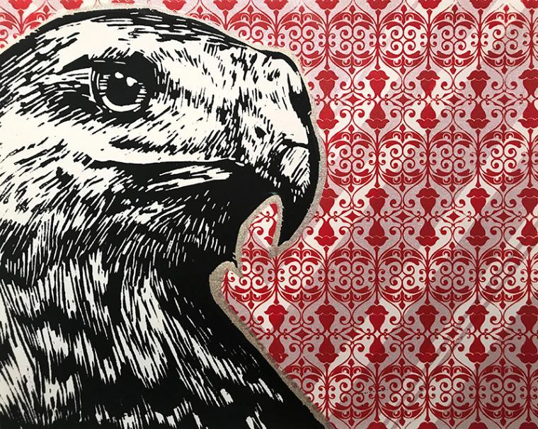 Artwork with face of hawk in black and white comprising left half of image with red and white decorative background