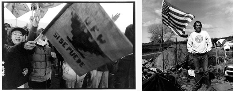 Left: Black-and-white image of farm workers on strike. Right: Black-and-white photo of a homeless veteran.