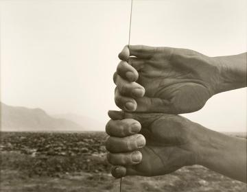Two hands holding a small object with a landscape background.