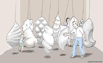 Concept drawing of people interacting with hanging felt shapes