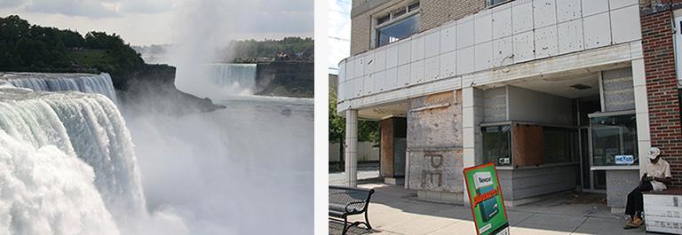 Image of Niagara Falls paired with image of dilapidated buildings in Niagara Falls, New York.