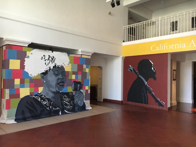 Murals of Ella Fitzgerald and Eric Dolphy painted by SCU students. image link to story