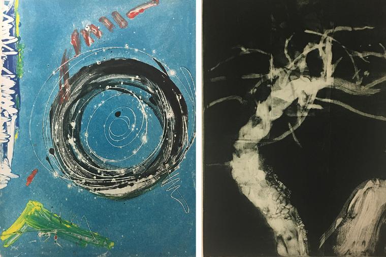 Image of abstract print by Marguerite Saegesser with central circular shape in black and white with teal background and yellow and red elements. On the right is a black and white monotype by Michael Mazur that looks like almost like an x-ray of a branch.