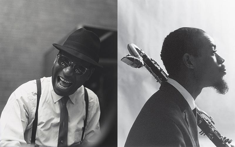 Black and white photographs of musicians Earl Hines and Eric Dolphy. Images by Chuck Stewart.