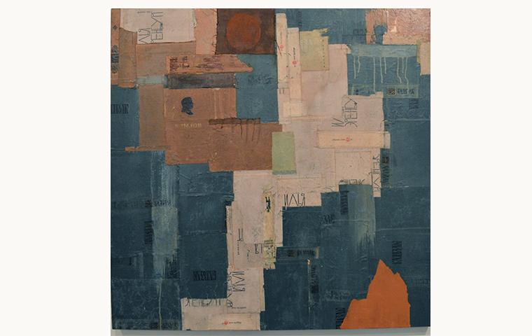 Abstract collage with book covers and pages in blues creams and orange