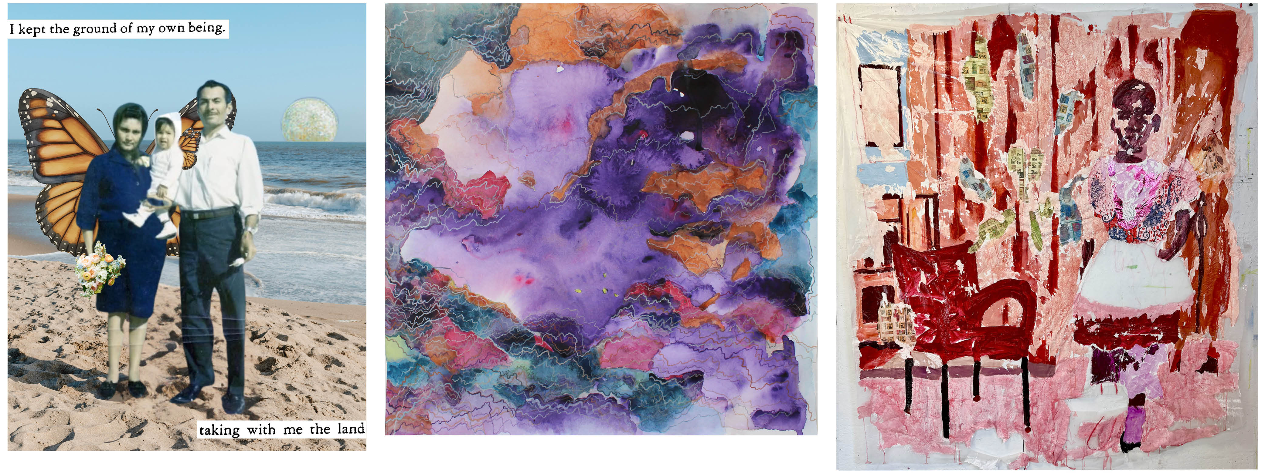 Three artworks the first a collage featuring human figures, san, ocean, moon, buttefly wings, and text; them middle an abstract ink and watercolor in purples, blues, greens, pinks and oranges, the right artwork featuring an abstracted figure of a girl among a setting created by torn paper and other materials in predominantly hues of pink, red, and brown