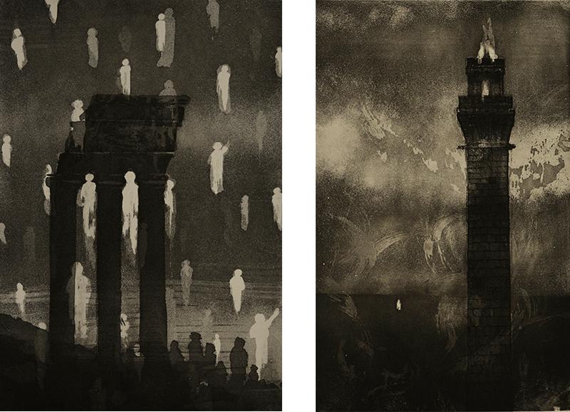 Two black and white prints. On left the print shows a architectural feature with columns and roof, there are white abstracted figures placed as if floating vertically through the space. On right, print depicts a tall tower in an abstracted landscape.