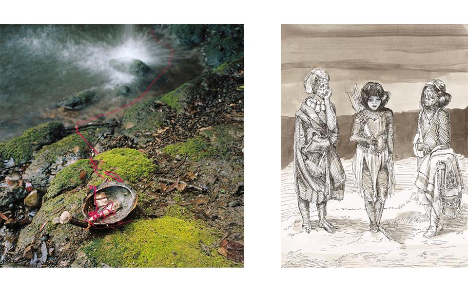 Photograph of abalone shell on mossy rock and pen and ink drawing of figures walking