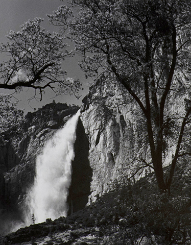 Black and white photograph of gushing waterfall during the day. Tree branches silhouette in the foreground. 