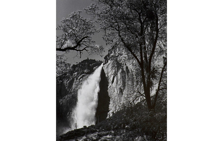 Black and white photograph of gushing waterfall during the day. Tree branches silhouette in the foreground.