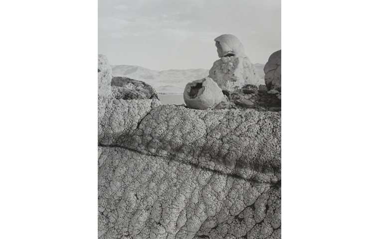 Black and white photograph of large rocks laying on a textured stone. Distant background of treeless mountains.