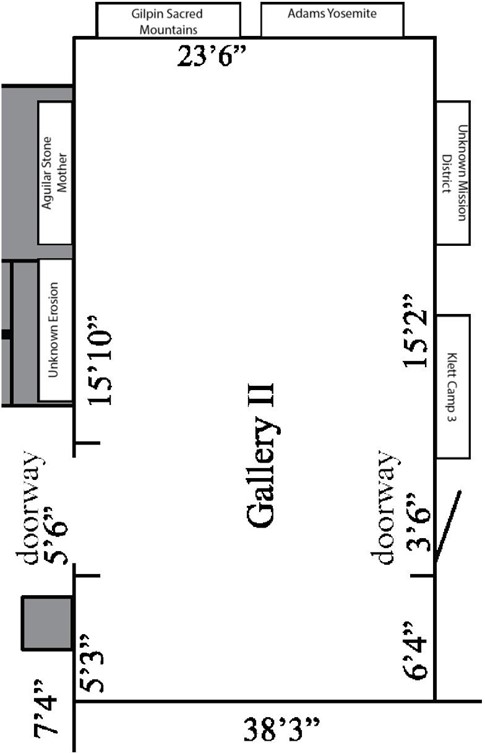 Floorplan of a rectangular gallery with artwork locations designated. Image is described further in the paragraph below.
