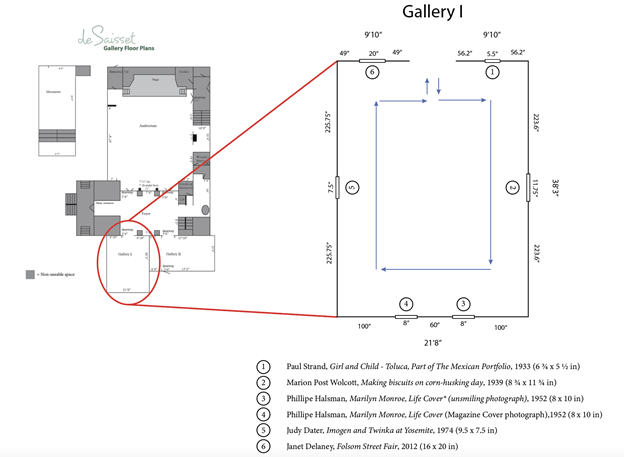 Floorplan of rectangular art gallery with locations of six artworks denoted.