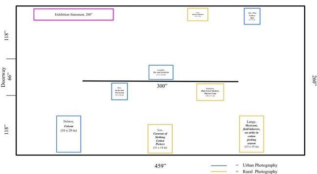 Floorplan of a rectangular gallery with the locations of artworks labelled Image is described further below