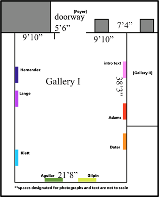 Image of a museum gallery floorplan with each of the exhibition work locations. Locations are described in the paragraph below.