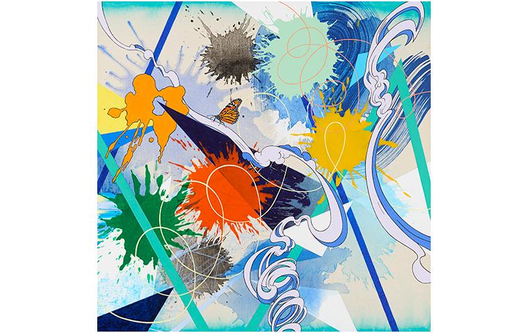 Painting of swirls and explosions in blues greens yellows and oranges with detailed depiction of a monarch butterfly