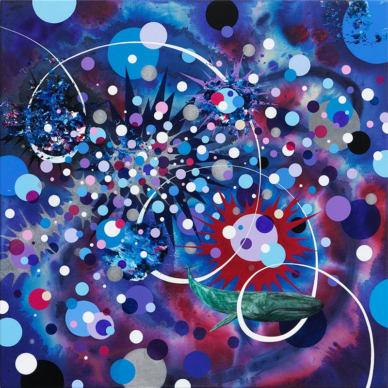 Painting featuring swirls and circles of various sizes in blues purples greys and red and detailed painting of a blue whale