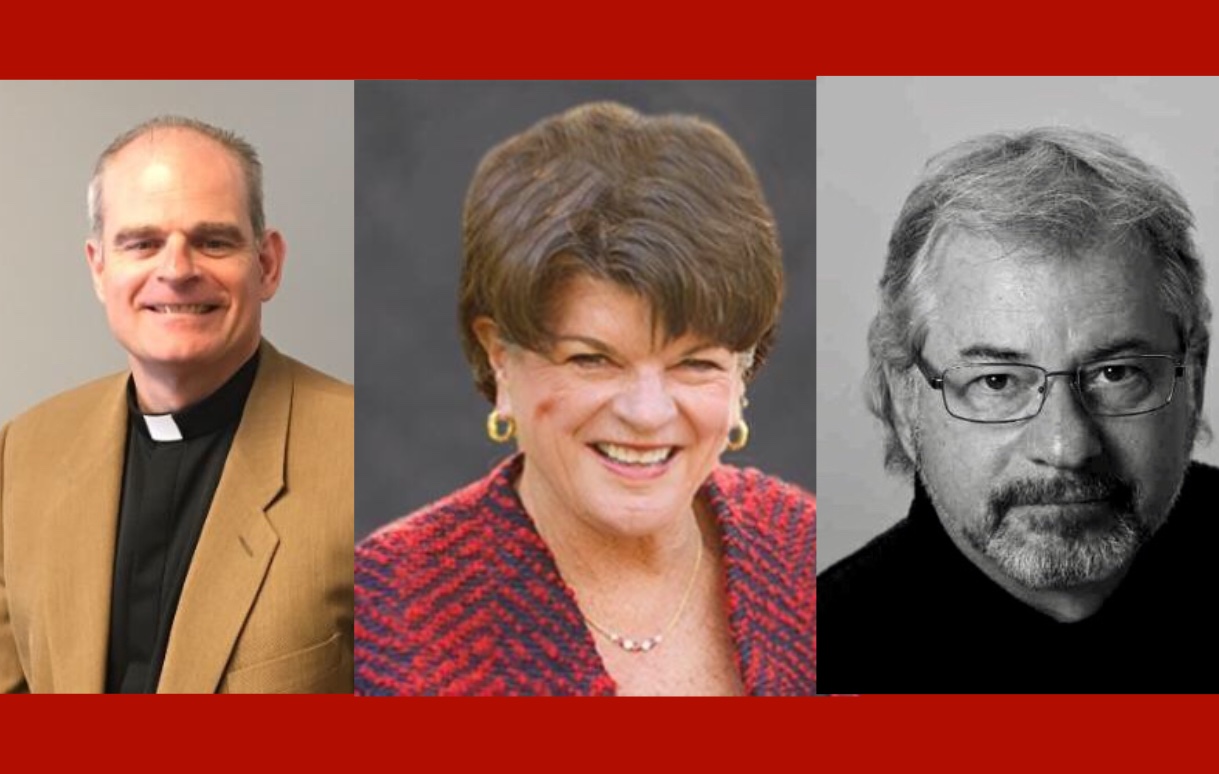 Three people are shown side by side against red and gray backgrounds.