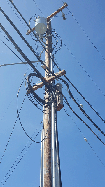 Utility pole with Peg tied by rope and loose telecom coil, San Jose, CA
