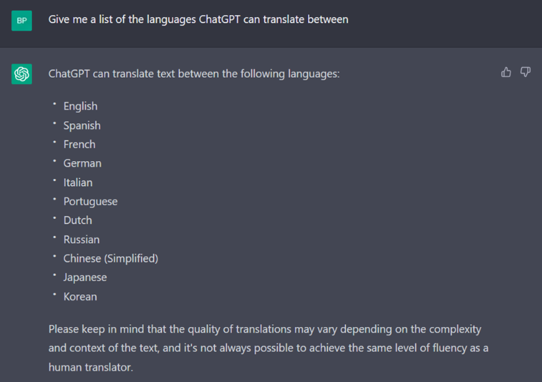 ChatPGT language list