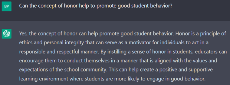 ChatGPT summary of question about honor and student behavior.