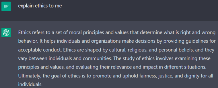 Image 4: ChatGPT’s attempt to “explain ethics to me” – significantly more informative than DALL·E 2’s attempt, though not what I would have written.