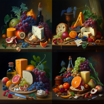 Midjourney image_oil painting still life with fruit nuts vegetables meat and cheese colorful
