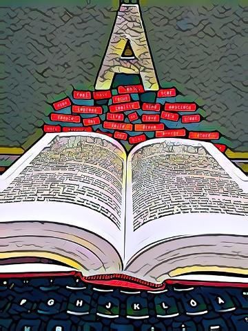 A black keyboard at the bottom of the picture has an open book on it, with red words in labels floating on top, with a letter A balanced on top of them. The perspective makes the composition form a kind of triangle from the keyboard to the capital A. The AI filter makes it look like a messy, with a kind of cartoon style.