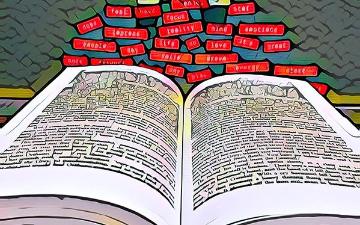 A black keyboard at the bottom of the picture has an open book on it, with red words in labels floating on top, with a letter A balanced on top of them. The perspective makes the composition form a kind of triangle from the keyboard to the capital A. The AI filter makes it look like a messy, with a kind of cartoon style.