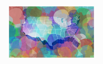 A map of the United States over imposed with silhouettes of human heads by Wildpixel via Getty Images.