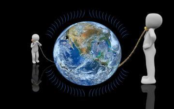 two people talking by telephones connected to the earth