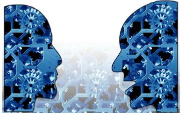 Two blue heads facing each other, composed of interconnected shapes.