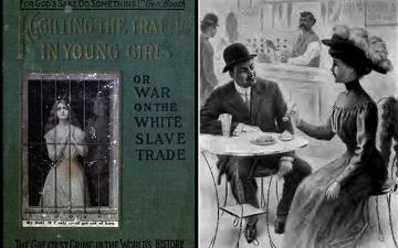 Illustrations on the cover and inside of the book Fighting the Traffic in Young Girls or War on the White Slave Trade edited by Ernest Bell in 1910