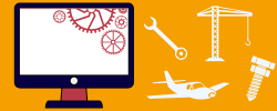 computer, airplane, wrench, and engineering-related graphics 