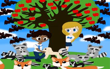 A boy with dark hair and dark eyes kneels by an apple tree petting a small puppy. Surrounding him are bats, skunks, foxes, raccoons. A blonde hair girl with big blue eyes watches him from behind the tree.