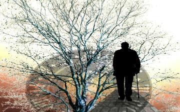 image of man with cane, a tree without leaves and a clock with roman numerals