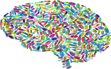 outline of human brain filled with prescription medications