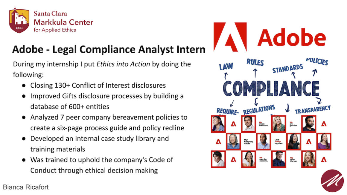 Summary of Bianca Ricafort Business Ethics Internship with Adobe Legal compliance.