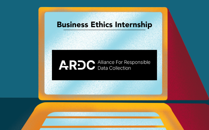 Business Ethics Internship ARDC. Drawing of a laptop computer with words on the screen reading Business Ethics Internship and displaying the ARDC logo. 