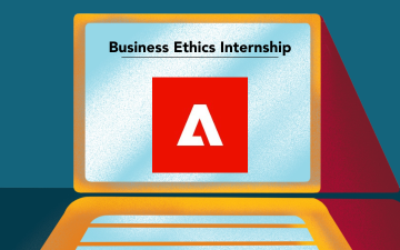 Business Ethics Internship Adobe. Drawing of a laptop computer with words on the screen reading Business Ethics Internship and displaying the Adobe logo. 
