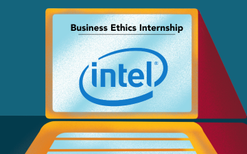 Business Ethics Internship Intel. Drawing of a laptop computer with words on the screen reading Business Ethics Internship and displaying the Intel logo. 