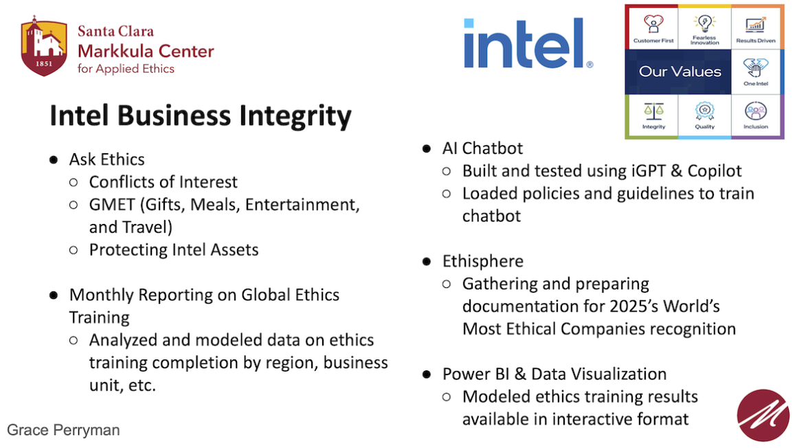 Summary of Grace Perrymans experience working with Intel Business Integrity.