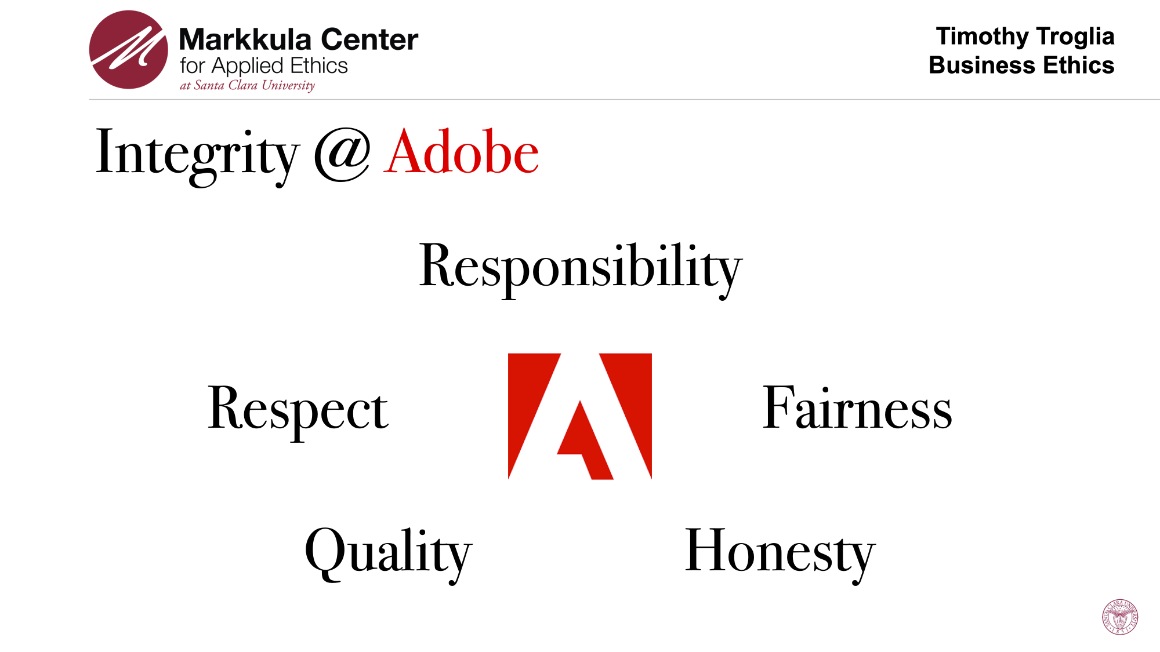 Adobe values: Integrity @ Adobe, Responsibility, Fairness, Respect, Honesty, Quality